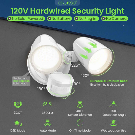 30W 2700LM LED Flood Light Aluminum Head Motion Sensor D2D & PIR & On Time Outdoor Security Light, White, 1 Pack