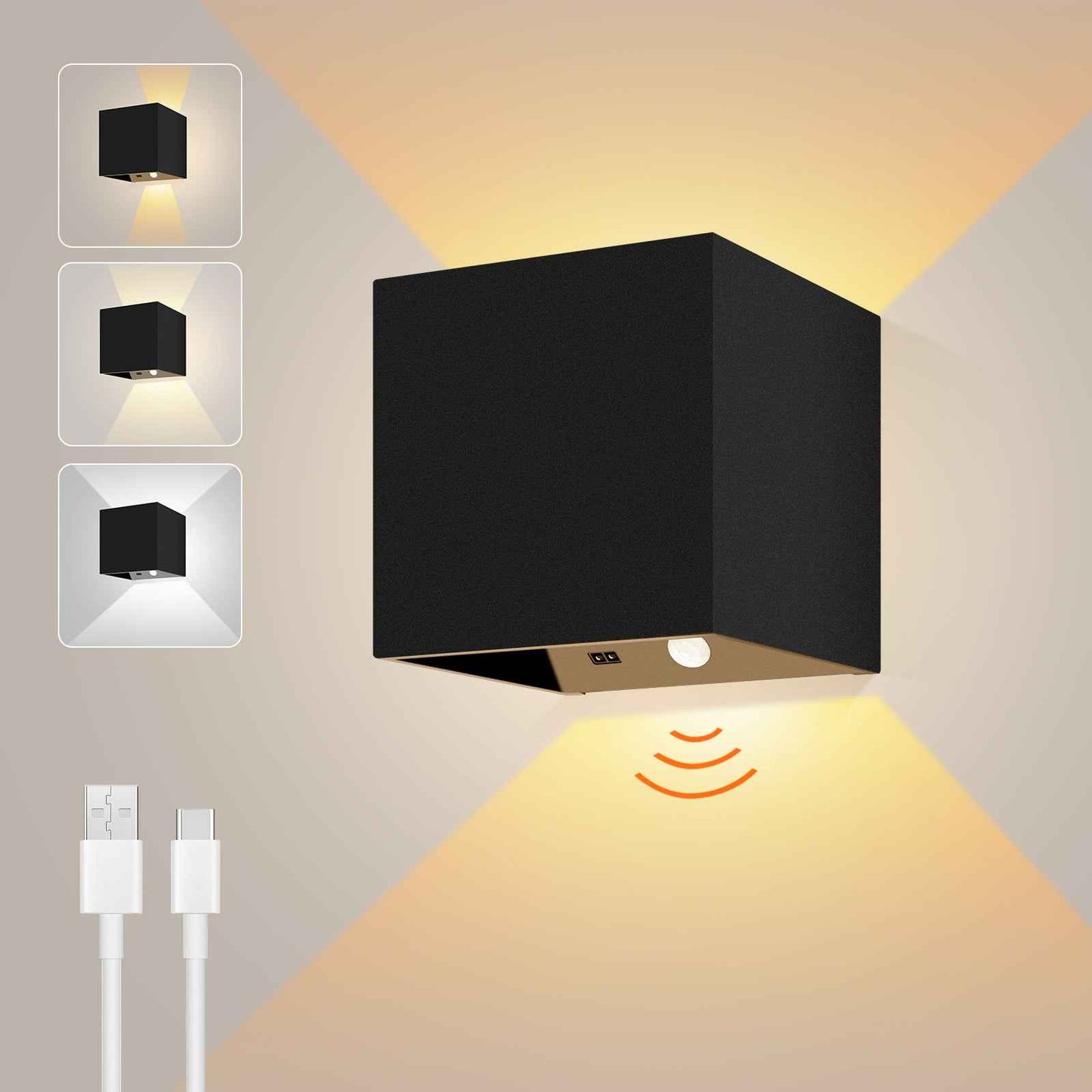 Cube LED Wall Light 4W Up Down Modern Sconce Indoor Fixture Lamp 3CCT Chargeable, 2PACK