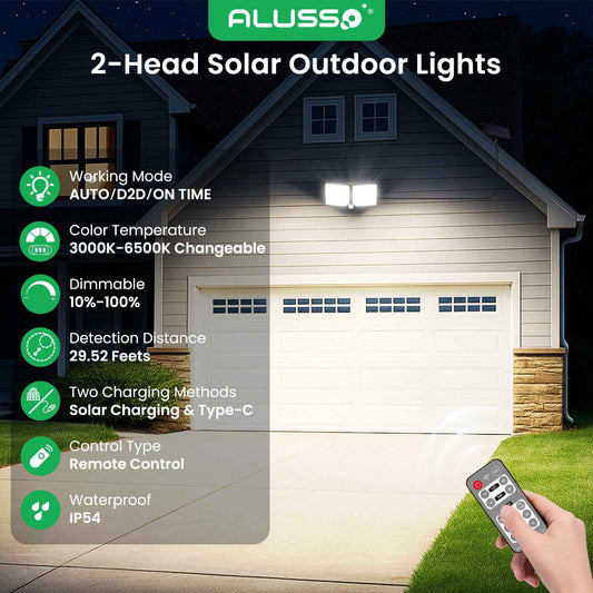 5W Solar LED Flood Light 2 Head Motion Sensor Black Remote Control Outdoor Lamp