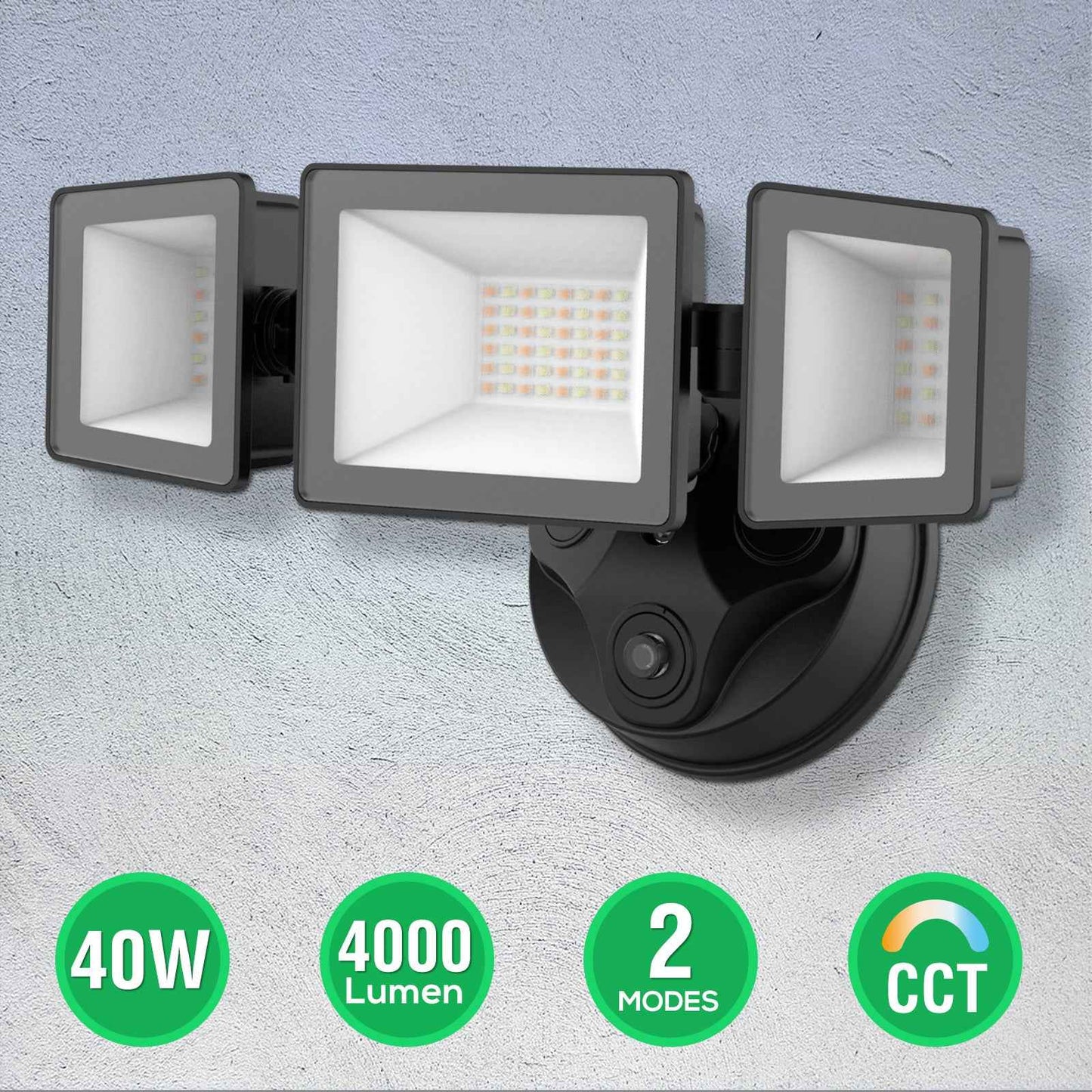 Dusk To Dawn LED Security Lights Outdoor 3 Heads, 40W 4000LM 3000K-6000K IP65, Black