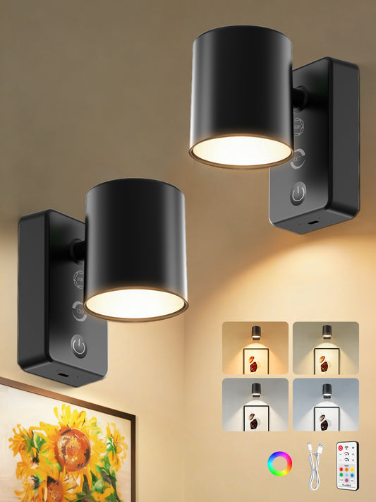 Pack of 2 LED Wall Light RGBCW Dimmable Modern Bedside Lighting Black Fixture Lamp USB
