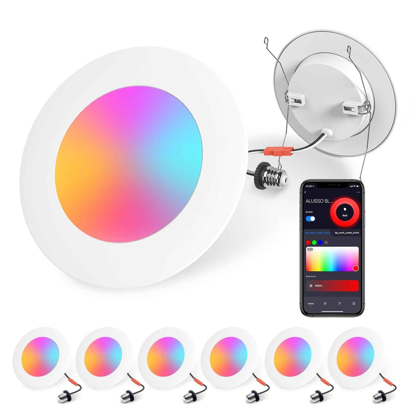 6 Pack 5/6 Inch Smart LED Recessed Lighting, High Brightness 12W 1100LM Retrofit Can Lights Dimmable, RGB Color Changing Wi-Fi Bluetooth Downllight Compatible with Alexa/Google, Damp Rated, White