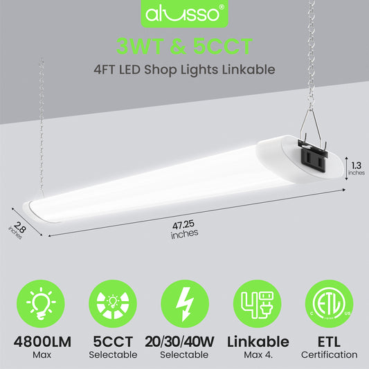 5CCT LED Shop Lights for Workshop 4FT, 20W 30W 40W 2700K 3000K 4000K 5000K 6500K Selectable, Linkable Linear Work Light for Garage Basement, ETL, 2 Pack