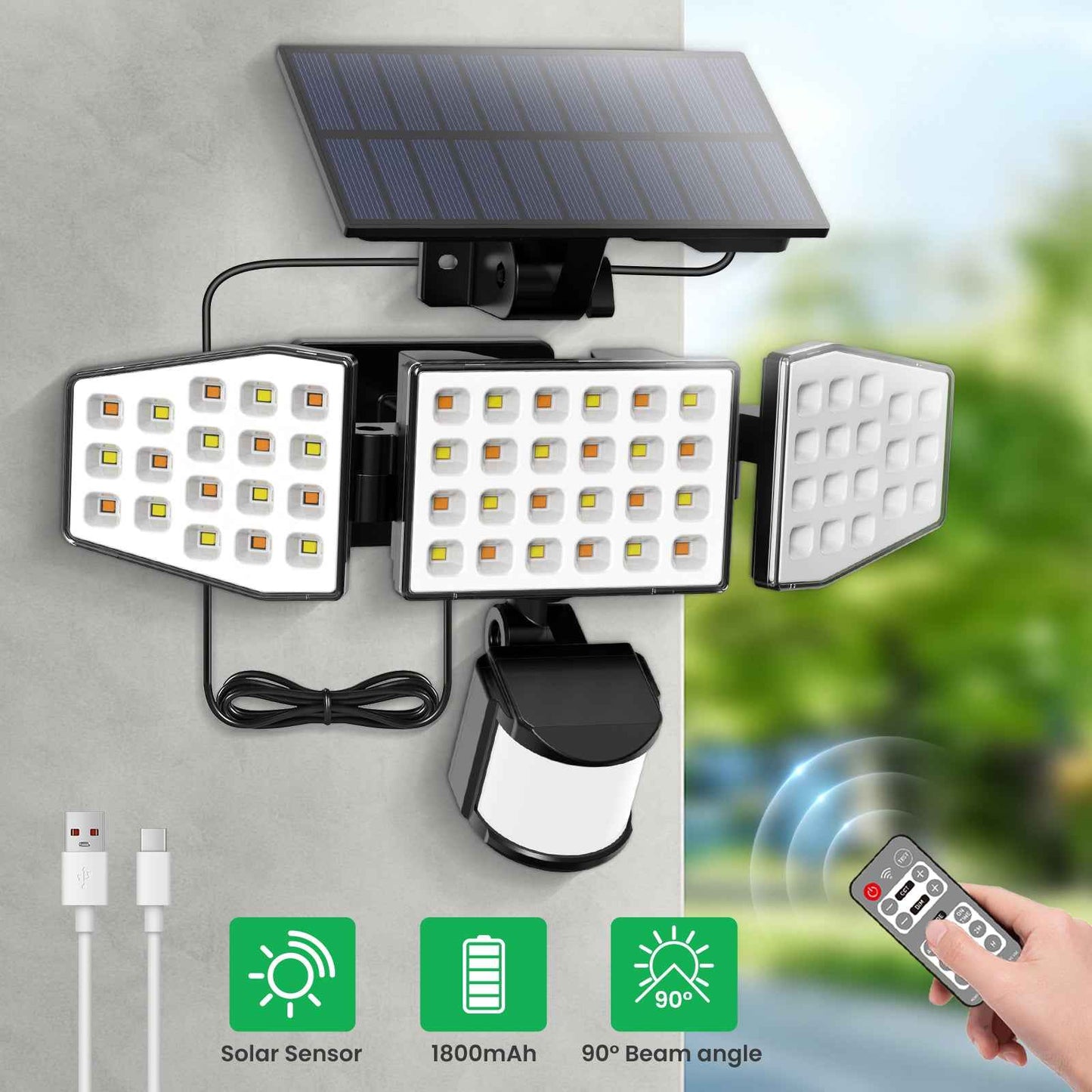 400lm Solar LED Flood Light 3 Head Motion Sensor Remote Control Outdoor Lamp