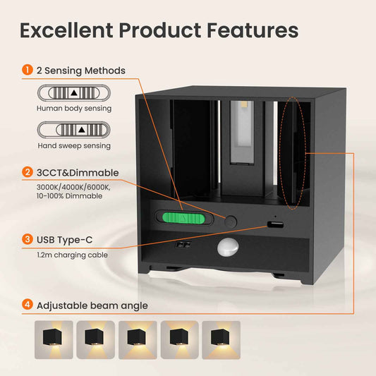 Cube LED Wall Light 4W Up Down Modern Sconce Indoor Fixture Lamp 3CCT Chargeable, 2PACK