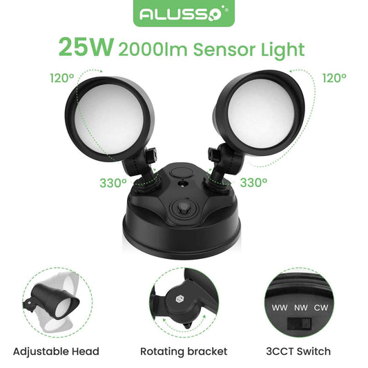 25W LED Dusk to Dawn Dual-Head Floodlight Outdoor Waterproof Security Wall Light