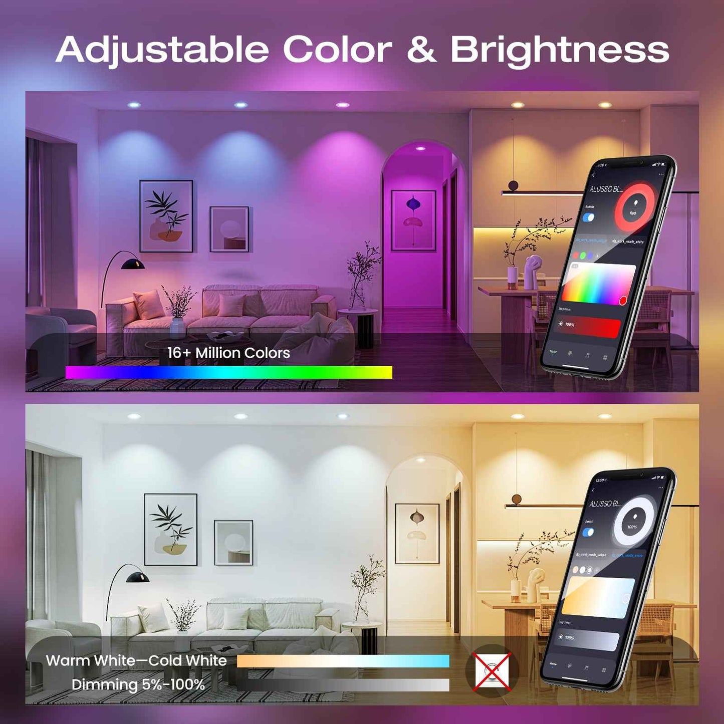 6 Pack 5/6 Inch Smart LED Recessed Lighting, High Brightness 12W 1100LM Retrofit Can Lights Dimmable, RGB Color Changing Wi-Fi Bluetooth Downllight Compatible with Alexa/Google, Damp Rated, White