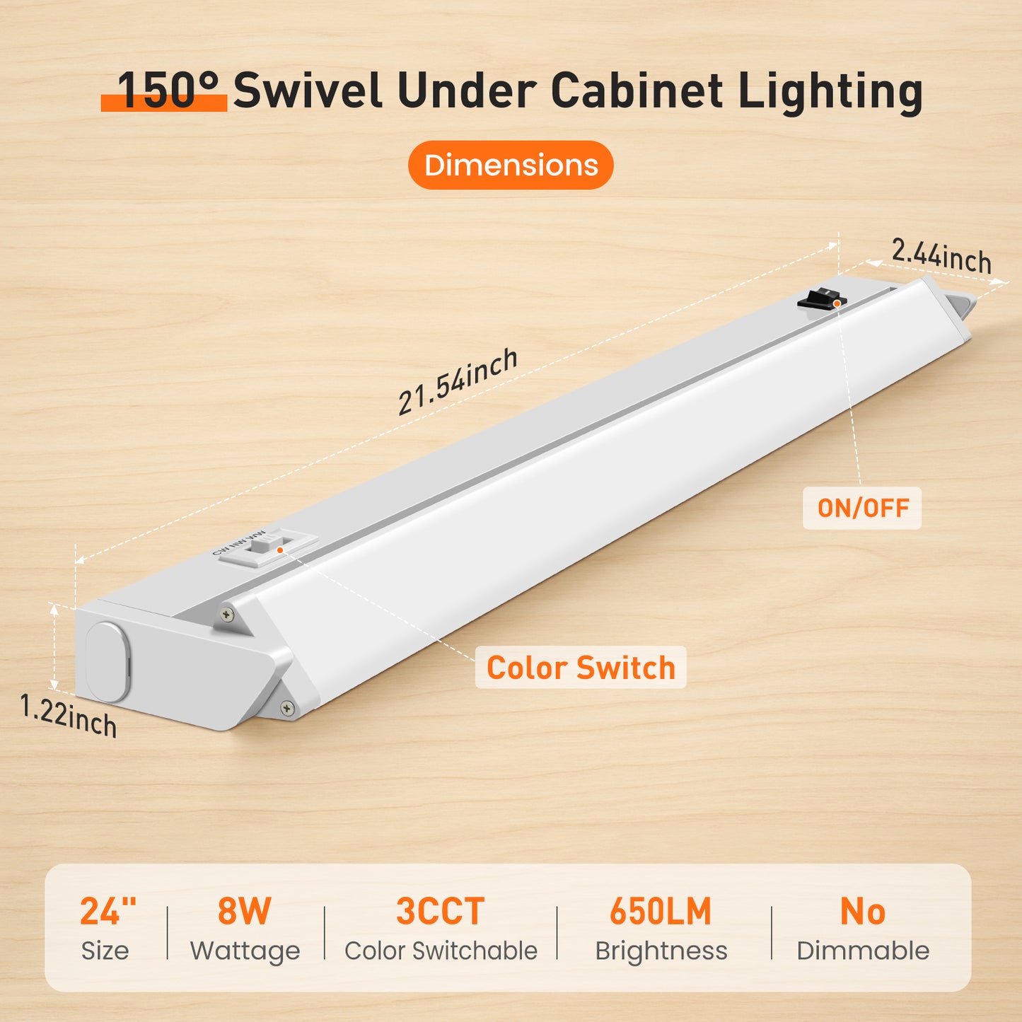 22 Inch Swivel LED Under Cabinet Lighting Plug in, 3CCT Color Selectable 3000K-4500K-6500K, Non-Dimmable 8W 650lm, Rotate 150° Linkable Strip Under Counter Lights for Kitchen, 2 Pack