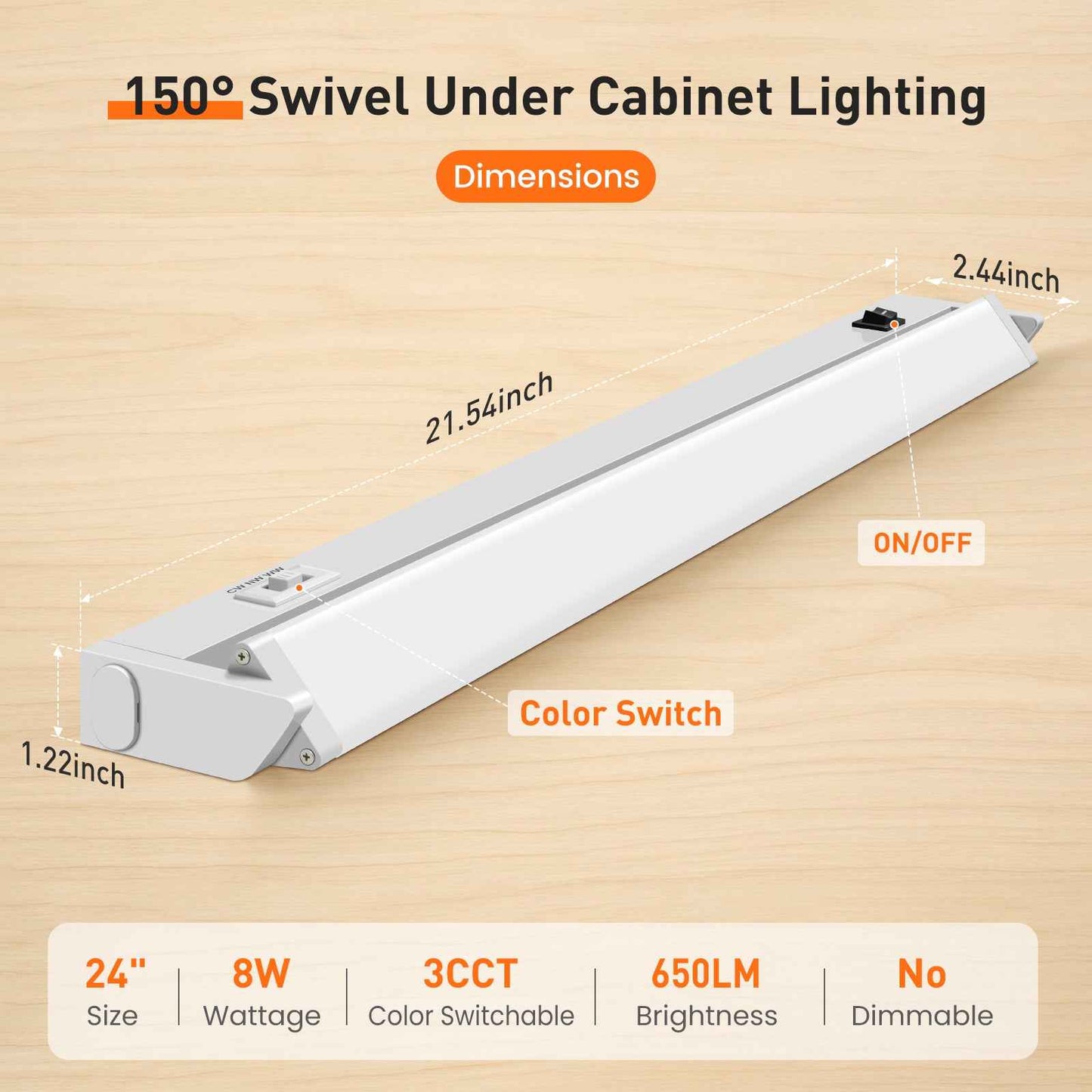 22 Inch Swivel LED Under Cabinet Lighting Plug in, 3CCT Color Selectable 3000K-4500K-6500K, Non-Dimmable 8W 650lm, Rotate 150° Linkable Strip Under Counter Lights for Kitchen, 2 Pack