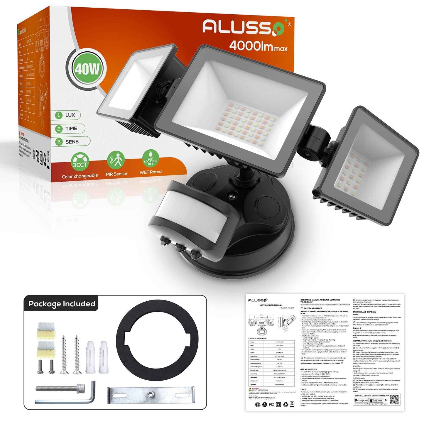 Manual Control LED Security Lights Outdoor 3 Heads, D2D, 40W 4000LM 3000K-4000K-6500K IP65, Black