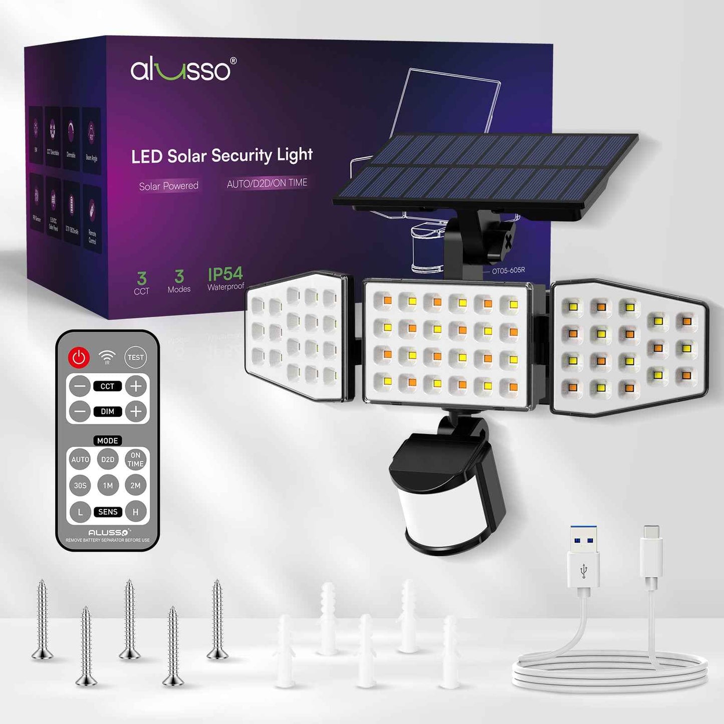 400lm Solar LED Flood Light 3 Head Motion Sensor Remote Control Outdoor Lamp