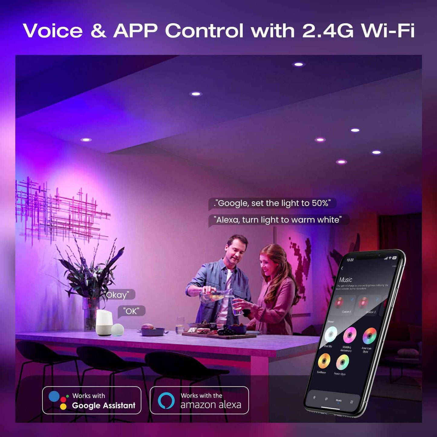 WIFI+BLE 5"/6" Smart LED Recessed Ceiling Lighting RGBCW Color Changing 6 Pack