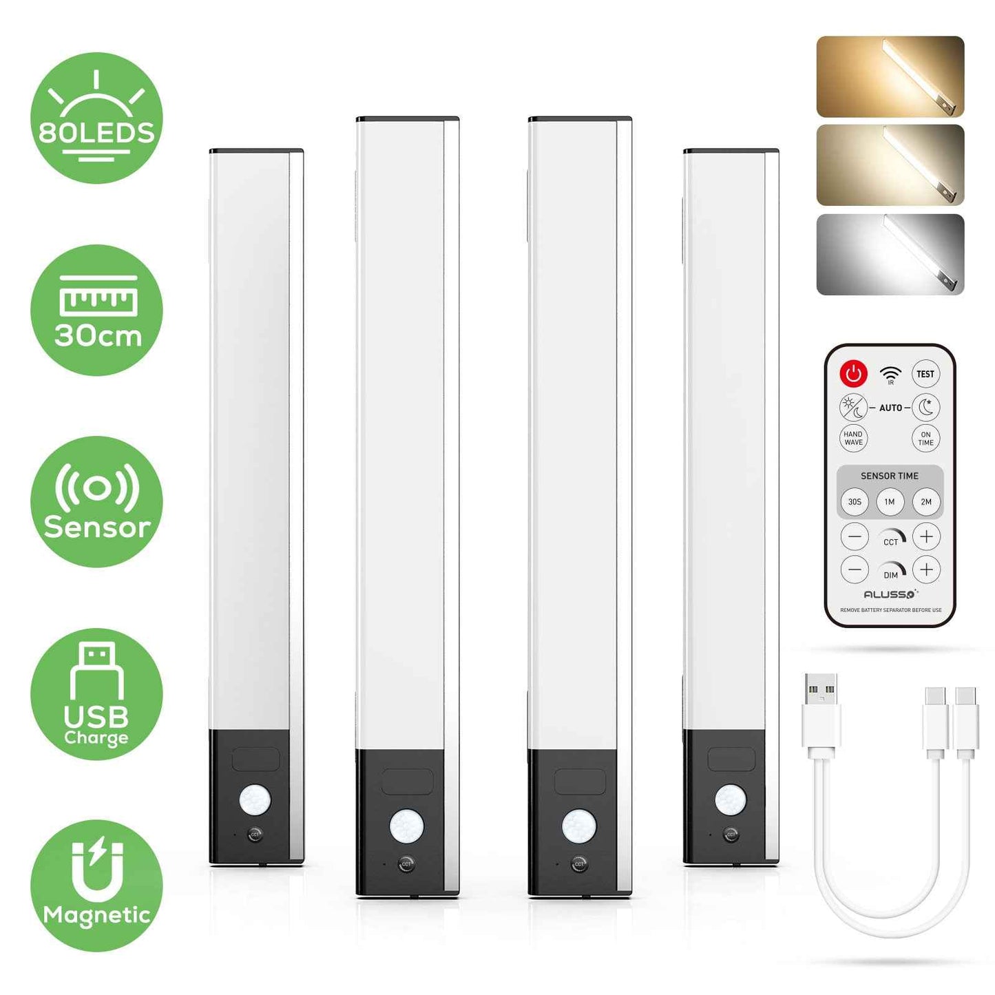 80 LED Wireless Under Cabinet Lighting with Motion & Hand Wave Sensor, 3CCT Dimmable Magnetic Closet Lights, Rechargeable Battery Operated Under Counter Lights for Kitchen, 4 Pack