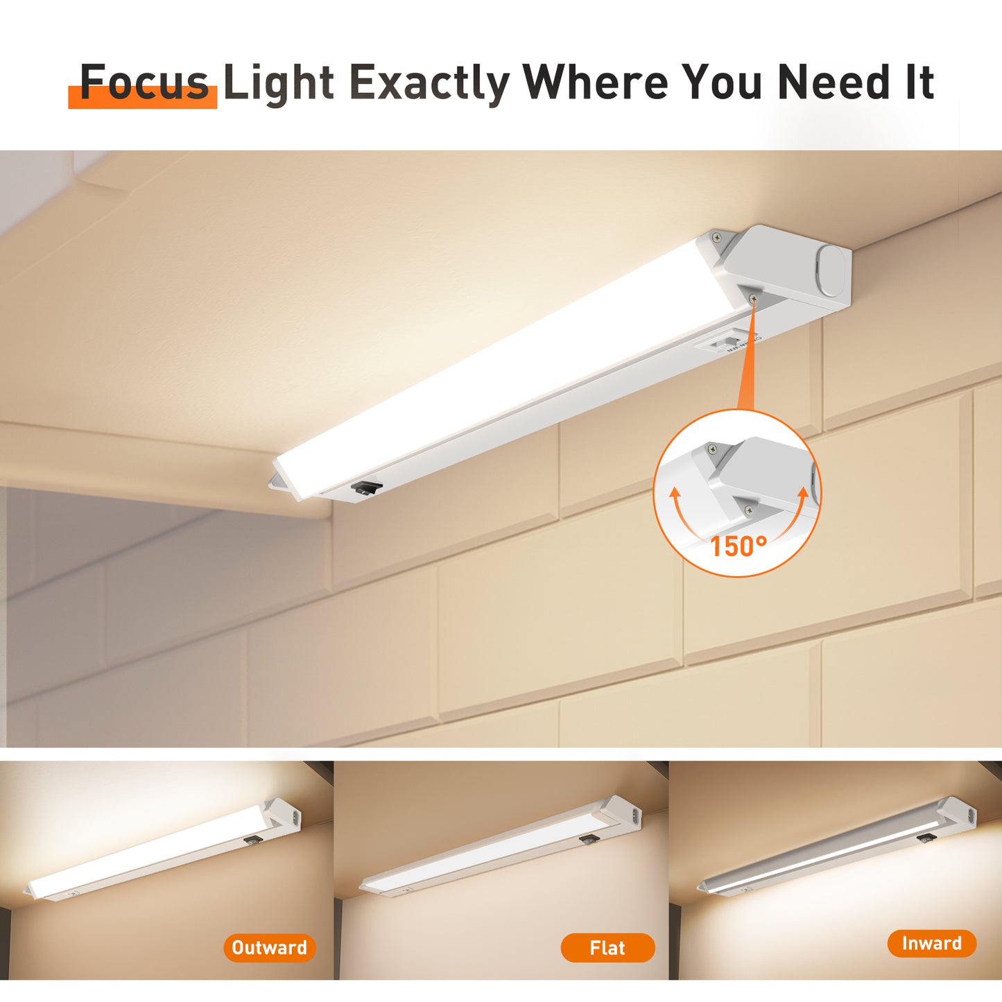 22 Inch Swivel LED Under Cabinet Lighting Plug in, 3CCT Color Selectable 3000K-4500K-6500K, Non-Dimmable 8W 650lm, Rotate 150° Linkable Strip Under Counter Lights for Kitchen, 2 Pack