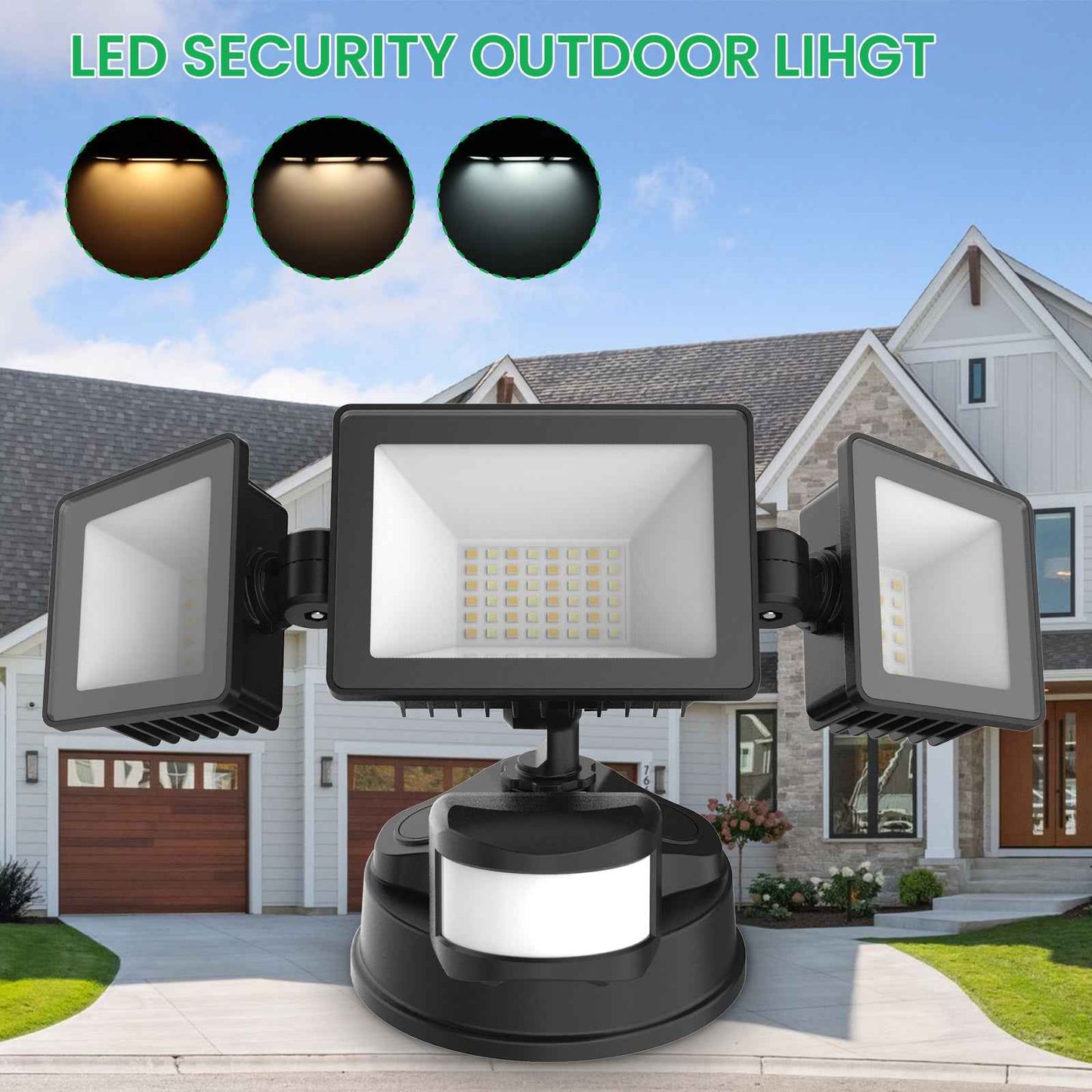 Manual Control LED Security Lights Outdoor 3 Heads, D2D, 40W 4000LM 3000K-4000K-6500K IP65, Black