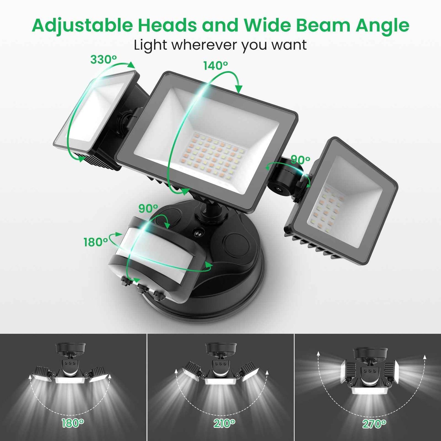 Manual Control LED Security Lights Outdoor 3 Heads, D2D, 40W 4000LM 3000K-4000K-6500K IP65, Black