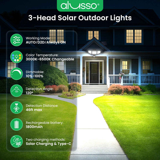 400lm Solar LED Flood Light 3 Head Motion Sensor Remote Control Outdoor Lamp