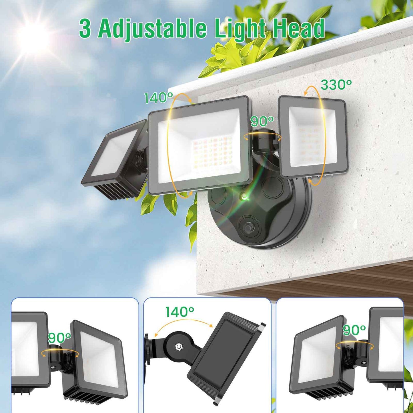 Dusk To Dawn LED Security Lights Outdoor 3 Heads, 40W 4000LM 3000K-6000K IP65, Black