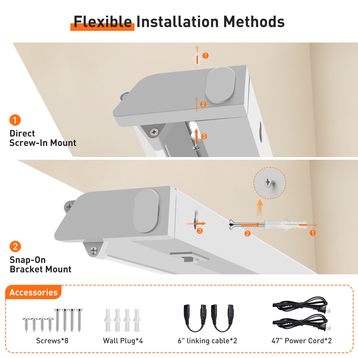 22 Inch Swivel LED Under Cabinet Lighting Plug in, 3CCT Color Selectable 3000K-4500K-6500K, Non-Dimmable 8W 650lm, Rotate 150° Linkable Strip Under Counter Lights for Kitchen, 2 Pack