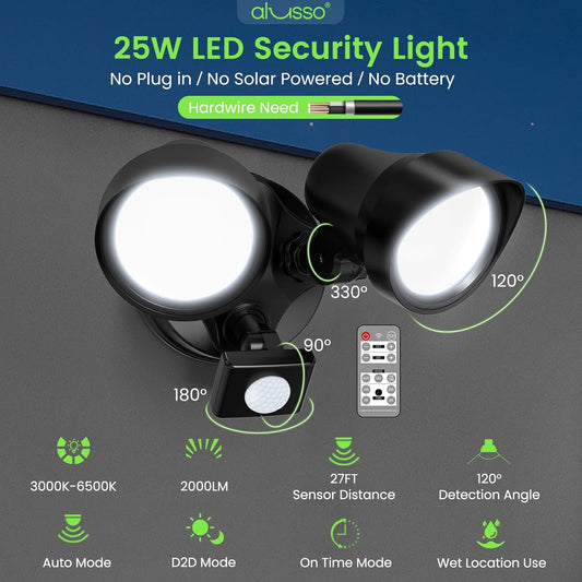 25W LED Dual Security Spot Light PIR Motion Sensor Remote Outdoor Floodlight Black