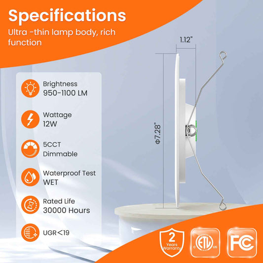 Recessed Lighting 6 Inch, 12 Pack 5CCT Flat LED Can Lights, 2700K/3000K/4000K/5000K/6500K Selectable,12W 1100LM Dimmable Retrofit Downlights Suitable for Kitchen, living room, bathroom