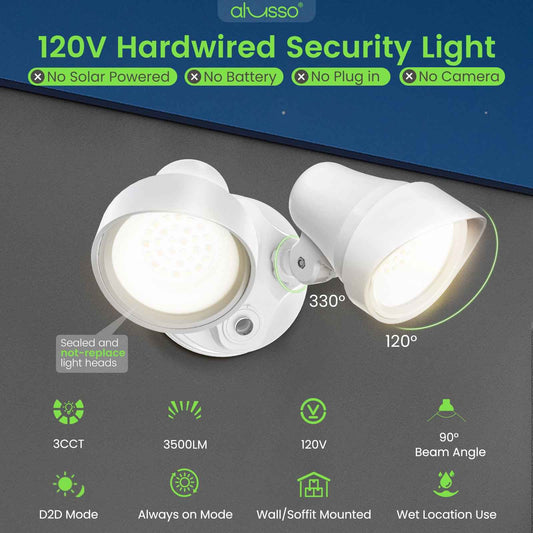 30W LED Dusk to Dawn Dual-Head Floodlight 3500LM Outdoor Waterproof Security Wall Light, White, 1 PACK