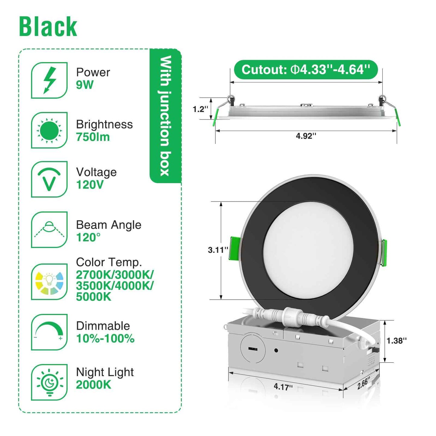 4'' Recessed LED Ceiling Night Light 9W, J-Box Downlights, 12pcs 6CCT Dimmable