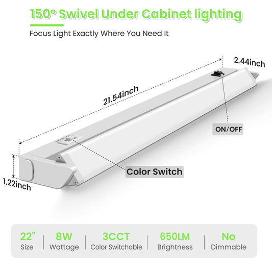 22 Inch Swivel LED Under Cabinet Lighting Plug in, 3CCT Color Selectable 3000K-4500K-6500K, Non-Dimmable 8W 650lm, Rotate 150° Linkable Strip Under Counter Lights for Kitchen, 2 Pack