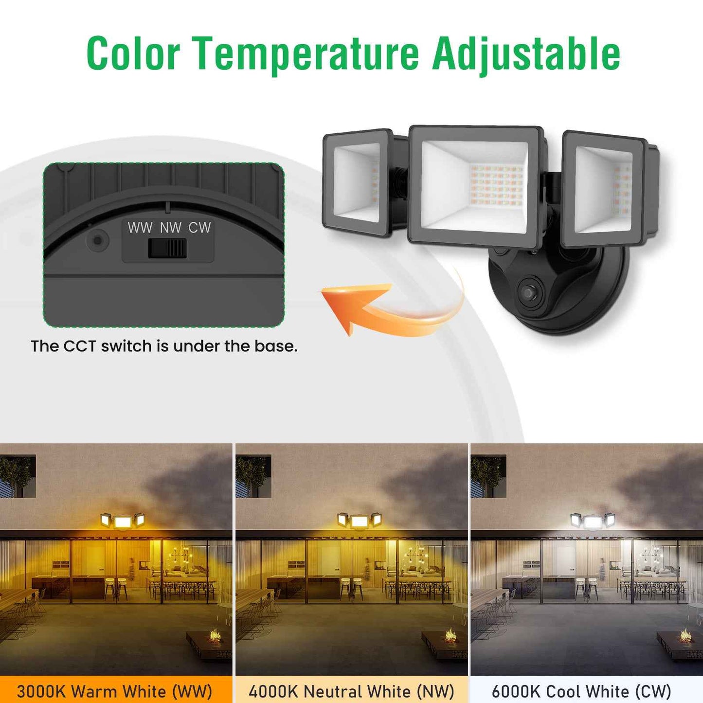 Dusk To Dawn LED Security Lights Outdoor 3 Heads, 40W 4000LM 3000K-6000K IP65, Black
