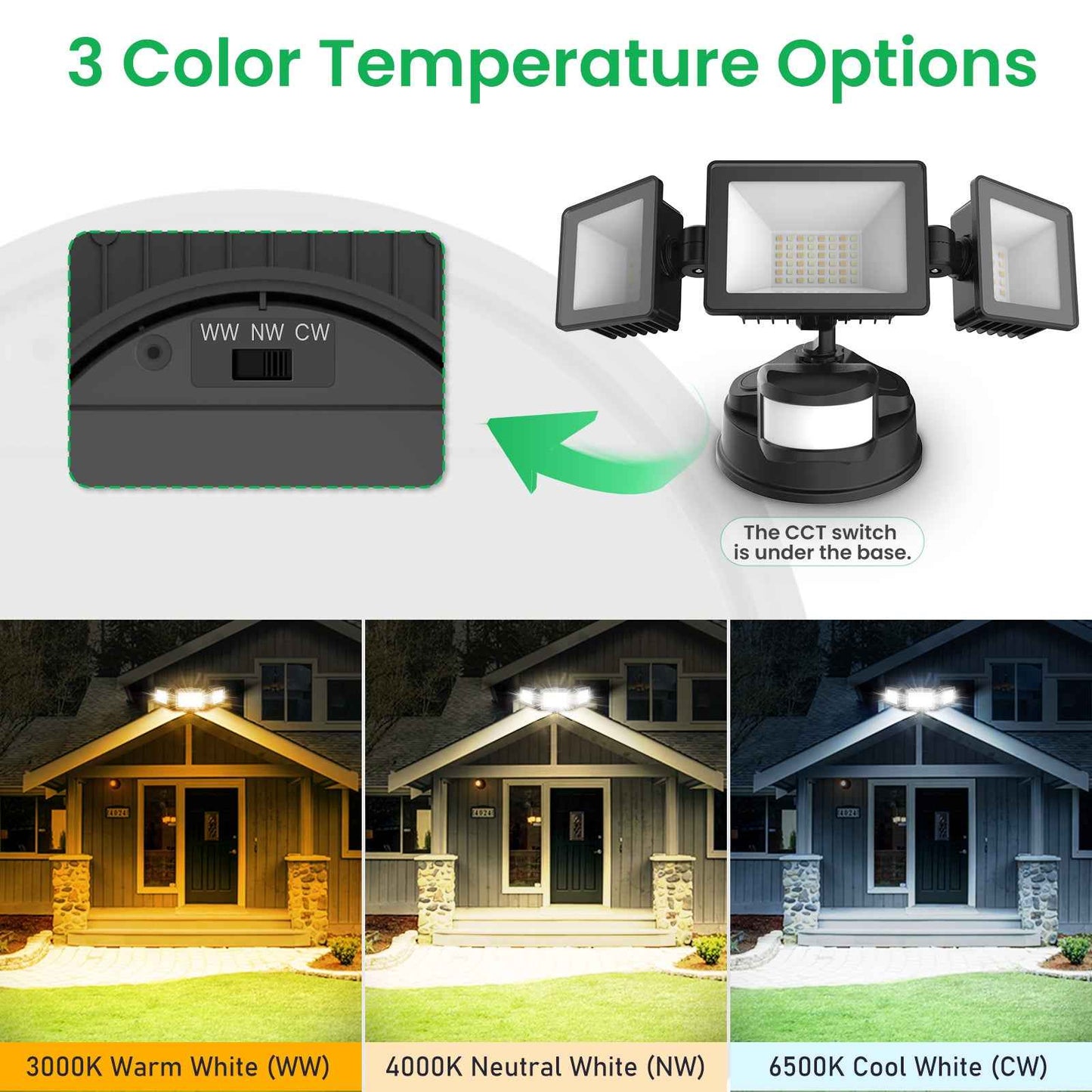 Manual Control LED Security Lights Outdoor 3 Heads, D2D, 40W 4000LM 3000K-4000K-6500K IP65, Black