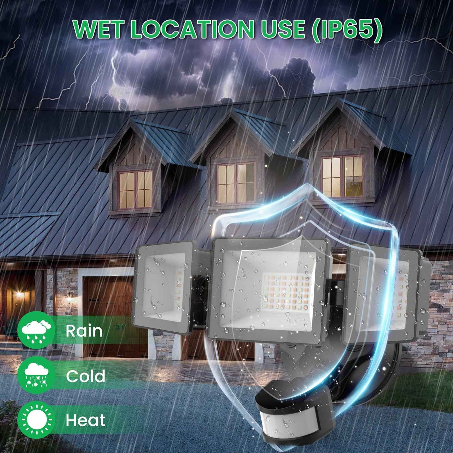 Manual Control LED Security Lights Outdoor 3 Heads, D2D, 40W 4000LM 3000K-4000K-6500K IP65, Black
