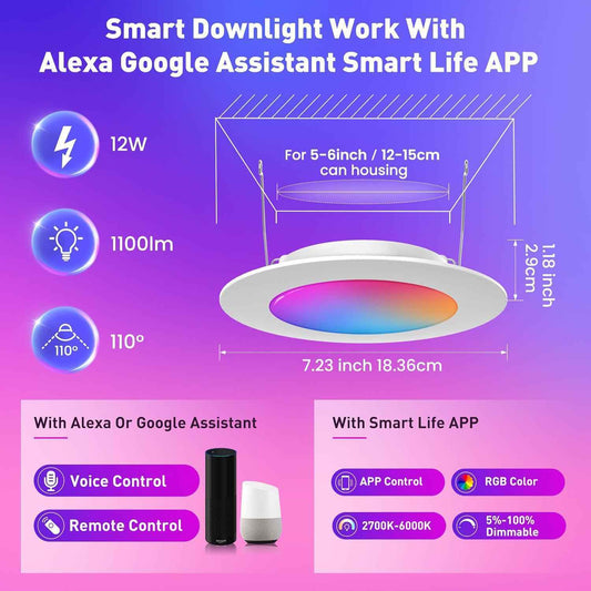 WIFI+BLE 5"/6" Smart LED Recessed Ceiling Lighting RGBCW Color Changing 6 Pack