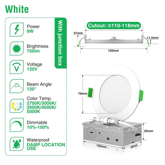 4'' Recessed LED Ceiling Light 9W, with Junction Box Downlights, 12pcs 5CCT Dimmable
