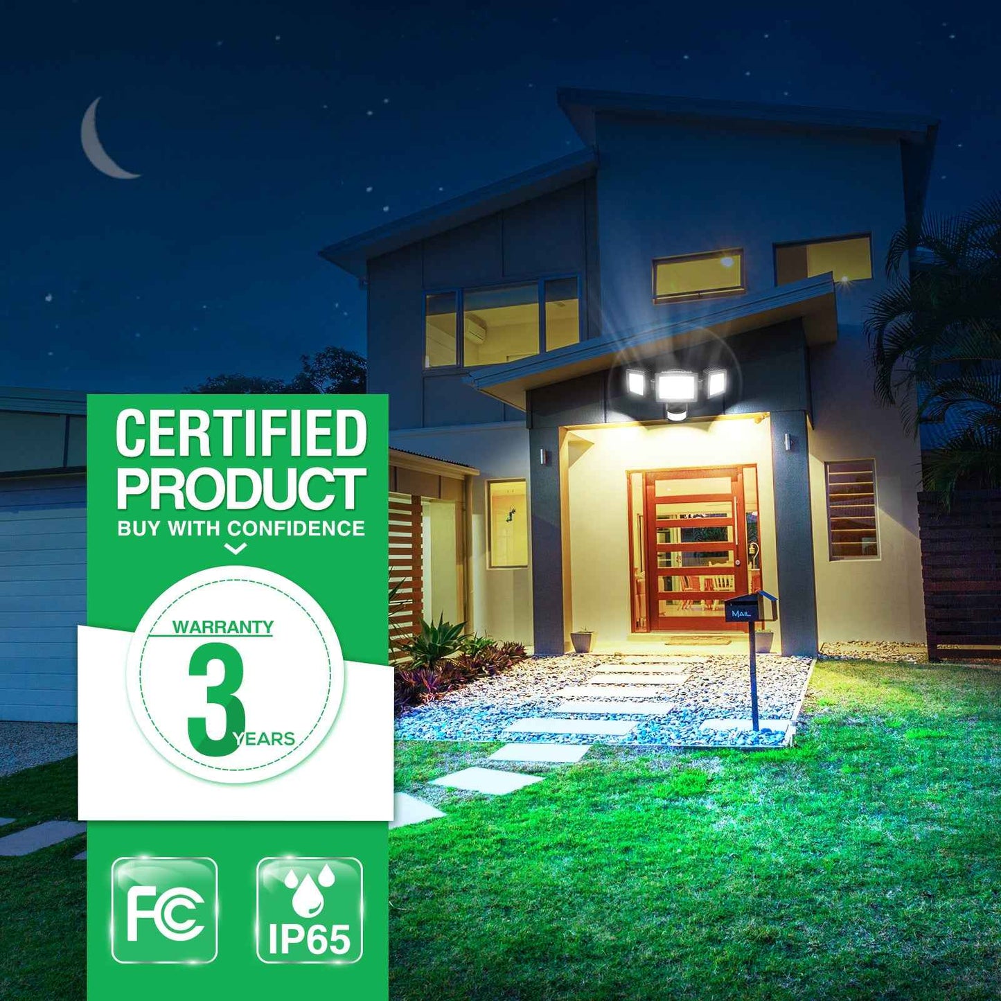 Manual Control LED Security Lights Outdoor 3 Heads, D2D, 40W 4000LM 3000K-4000K-6500K IP65, Black