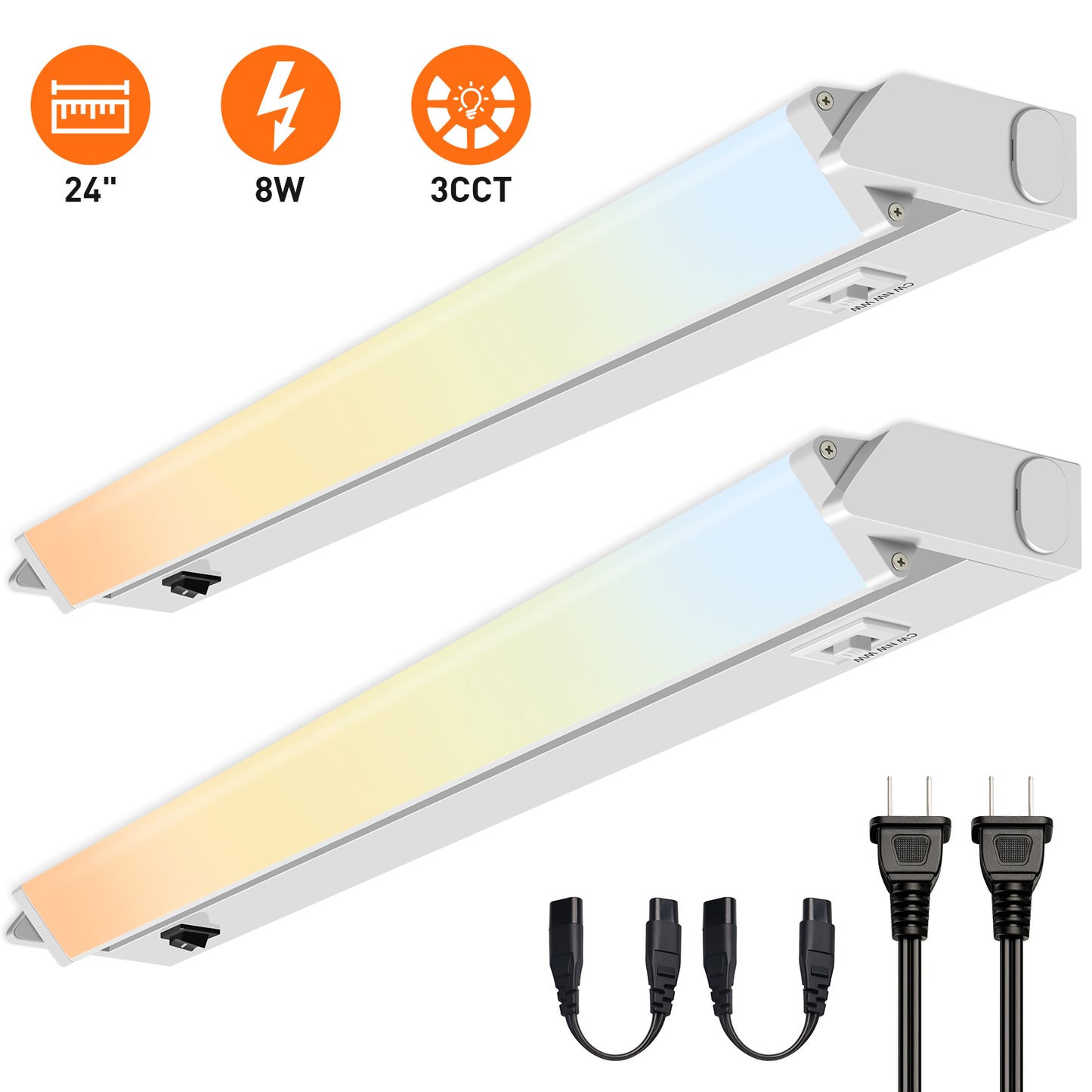 22 Inch Swivel LED Under Cabinet Lighting Plug in, 3CCT Color Selectable 3000K-4500K-6500K, Non-Dimmable 8W 650lm, Rotate 150° Linkable Strip Under Counter Lights for Kitchen, 2 Pack
