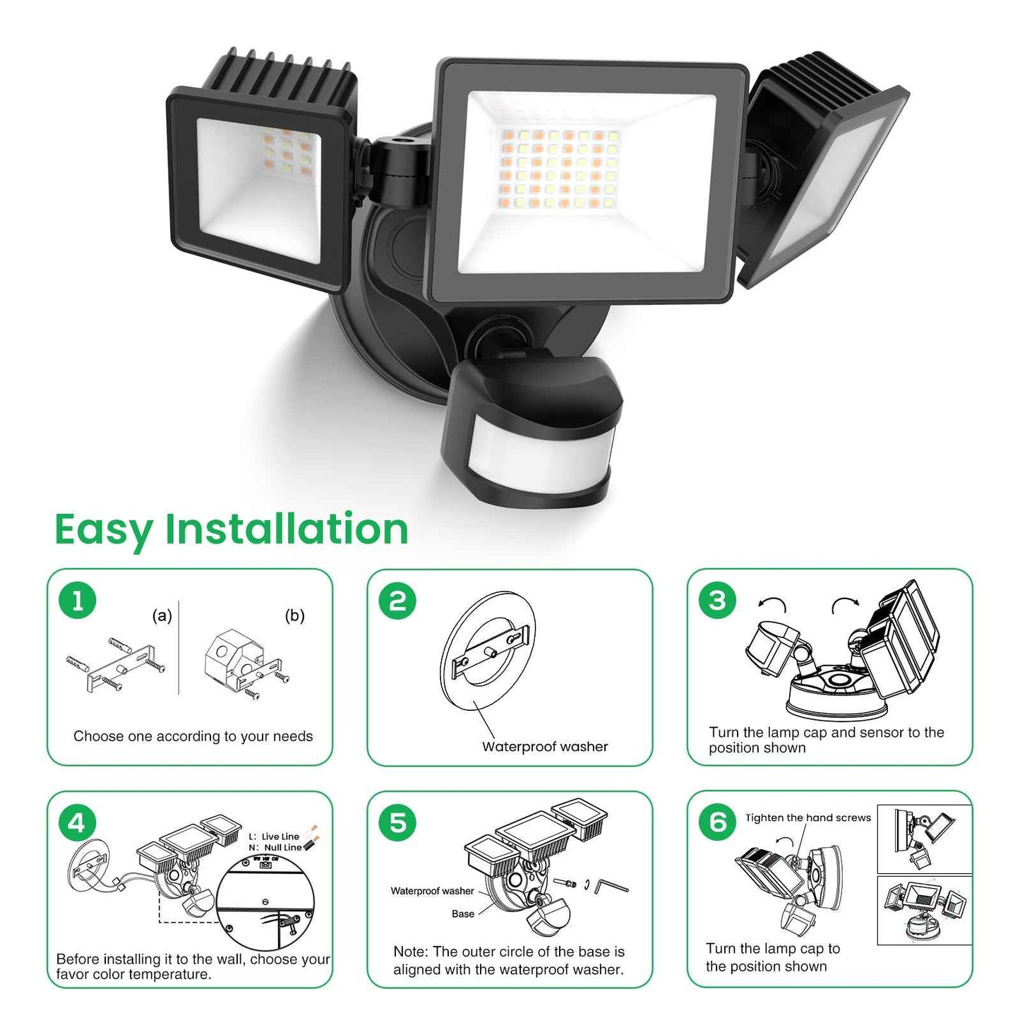Manual Control LED Security Lights Outdoor 3 Heads, D2D, 40W 4000LM 3000K-4000K-6500K IP65, Black