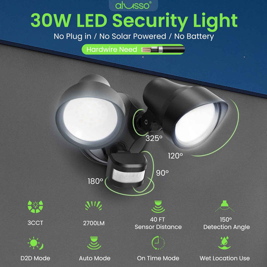2700LM LED Motion Sensor Flood Light D2D 30W Outdoor Home Bright Security Light