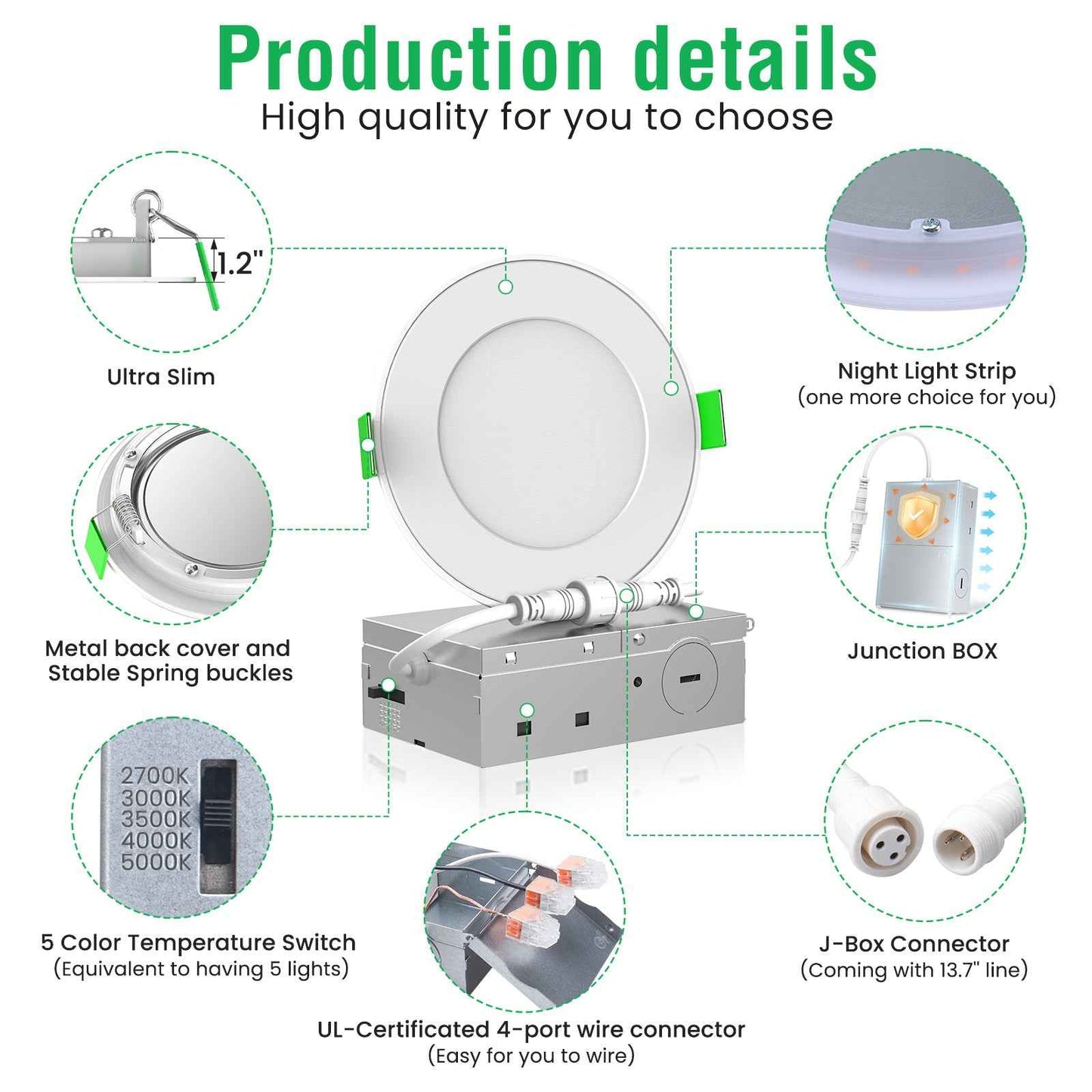6'' Recessed LED Ceiling Night Light 12W, Black & White Downlights, 12pcs 6CCT Dimmable