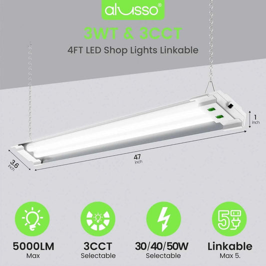 4 Pack 4FT 30W 40W 50W LED Shop Light 3CCT 5000lm Linkable Fixture Ceiling Lights for Garage