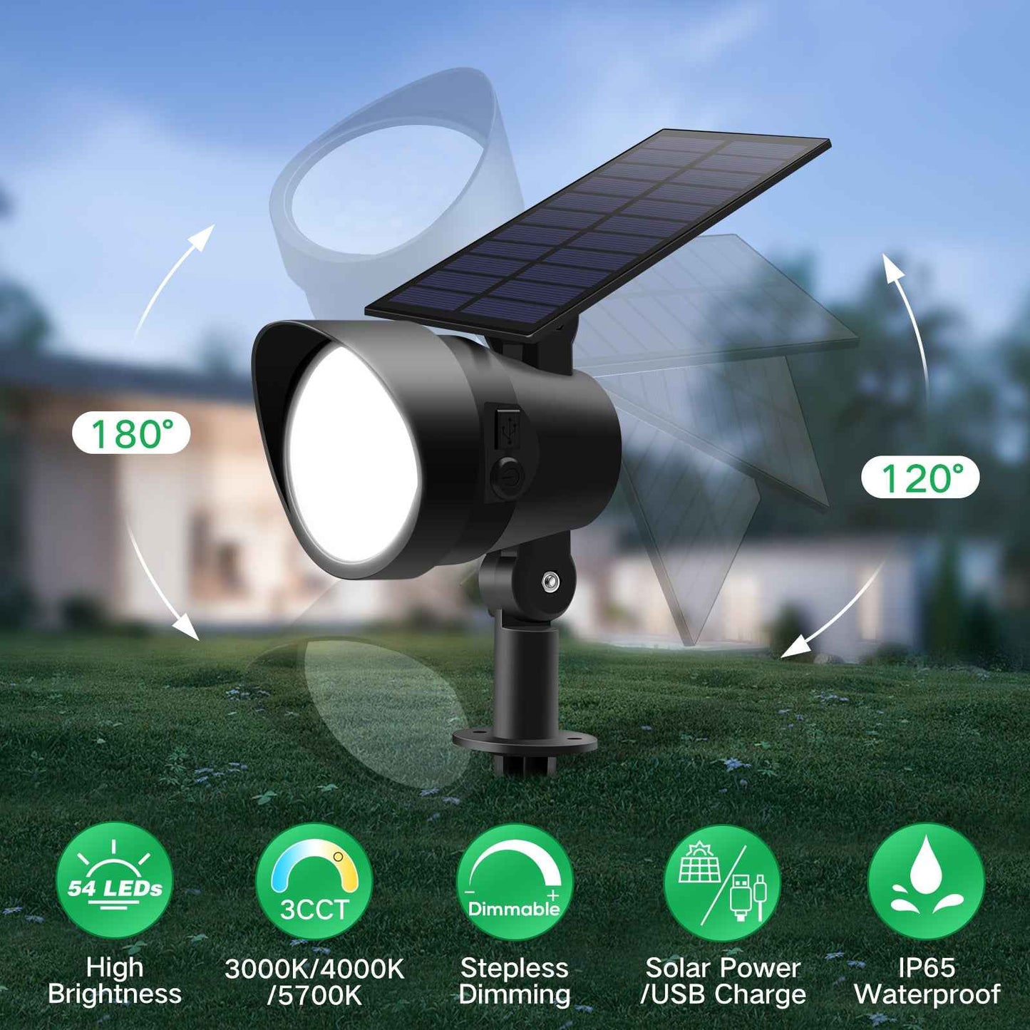 ALUSSO Solar Landscape Spotlights Outdoor 54 LED Dimmable CCT Selectable 2-in-1 Spot Light, 2 Pack