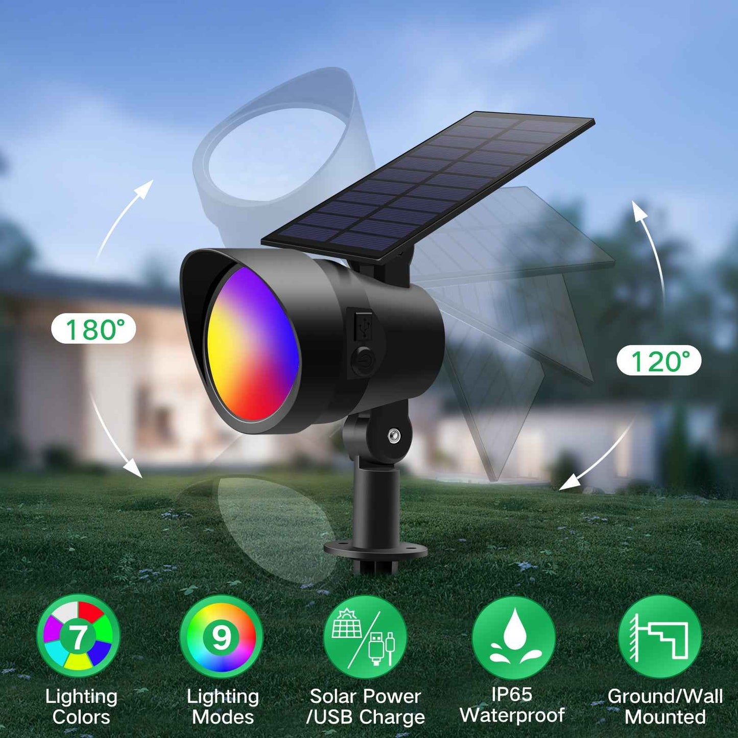 Solar Spot Lights Outdoor RGB, 7 Colours 9 light mode Christmas Lights, Adjustable Solar Powered Landscape Lights, IP65, 2 Pack