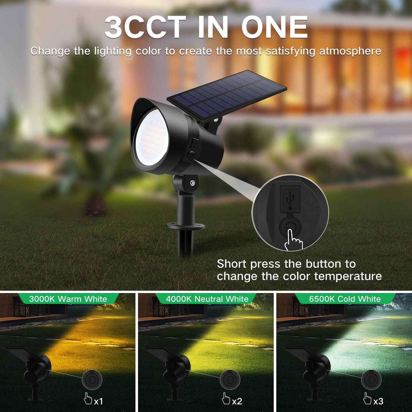 ALUSSO Solar Landscape Spotlights Outdoor 54 LED Dimmable CCT Selectable 2-in-1 Spot Light, 2 Pack