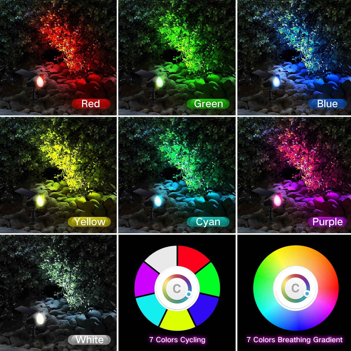 Solar Spot Lights Outdoor RGB, 7 Colours 9 light mode Christmas Lights, Adjustable Solar Powered Landscape Lights, IP65, 2 Pack