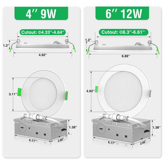 4'' Recessed LED Ceiling Night Light 9W, J-Box Downlights, 12pcs 6CCT Dimmable