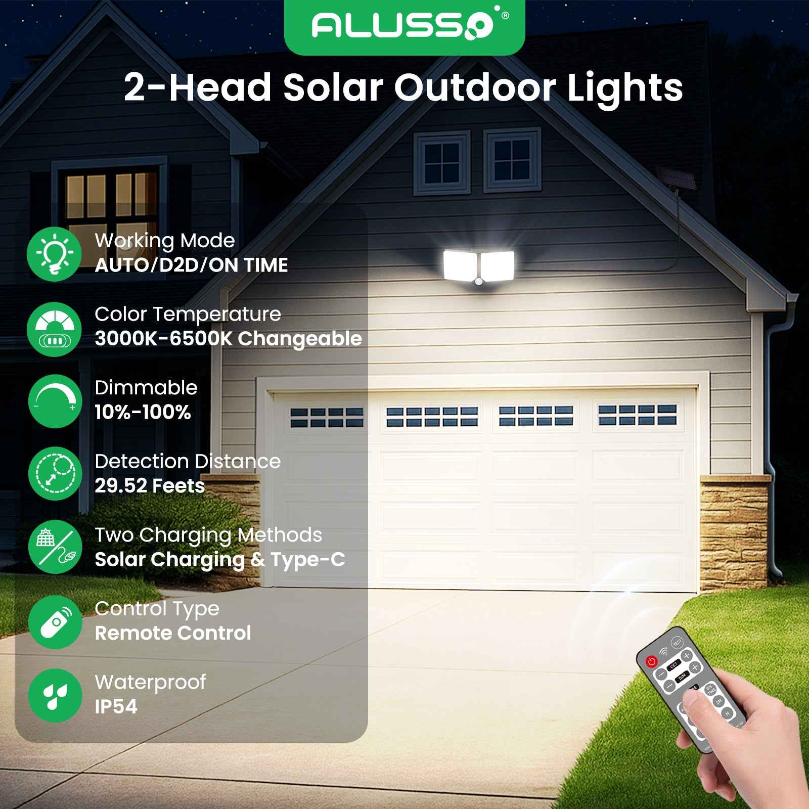 5W Solar LED Flood Light 2 Head Motion Sensor Black Remote Control Outdoor Lamp