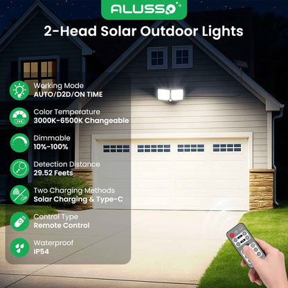 5W Solar LED Flood Light 2 Head Motion Sensor Black Remote Control Outdoor Lamp
