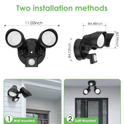 25W LED Dual Security Spot Light PIR Motion Sensor Remote Outdoor Floodlight Black