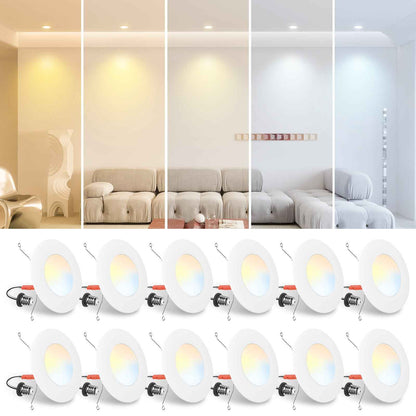 Recessed Lighting 6 Inch, 12 Pack 5CCT Flat LED Can Lights, 2700K/3000K/4000K/5000K/6500K Selectable,12W 1100LM Dimmable Retrofit Downlights Suitable for Kitchen, living room, bathroom