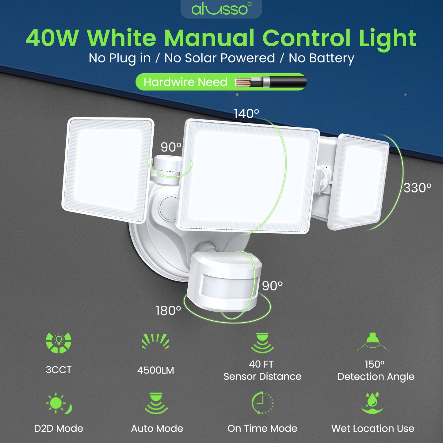 Manual Control LED Security Lights Outdoor 3 Heads, D2D, 40W 4500LM 3000K-4000K-6500K IP65, Black