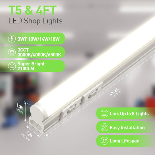 T5 LED Shop Light 4FT 3000K/4000K/6500K Ceiling Garage Workshop Linkable Lamps 10 Pack